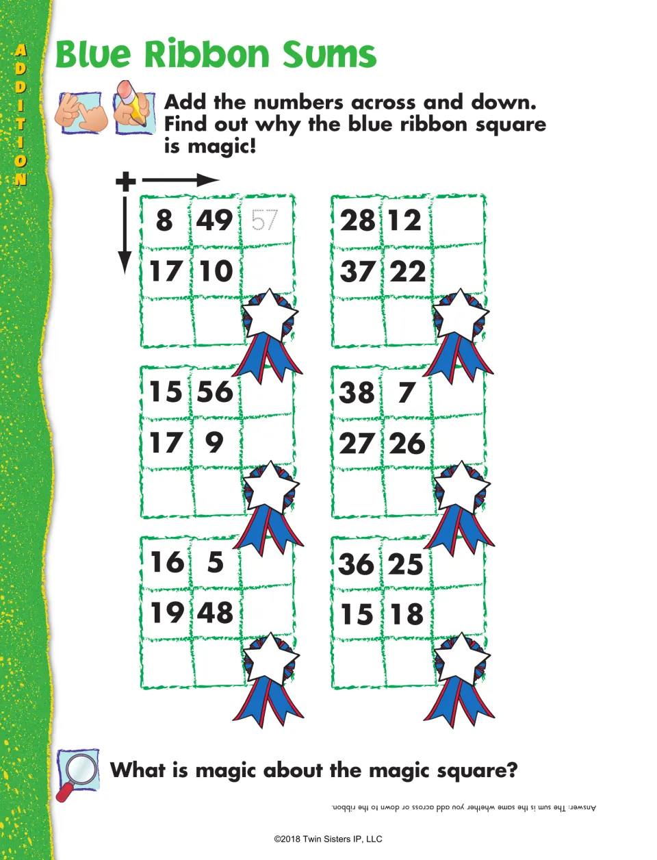Blue Ribbon Sums: students add 2-digit numbers across and down in 6 magic squares and explain why the ribbon total matches