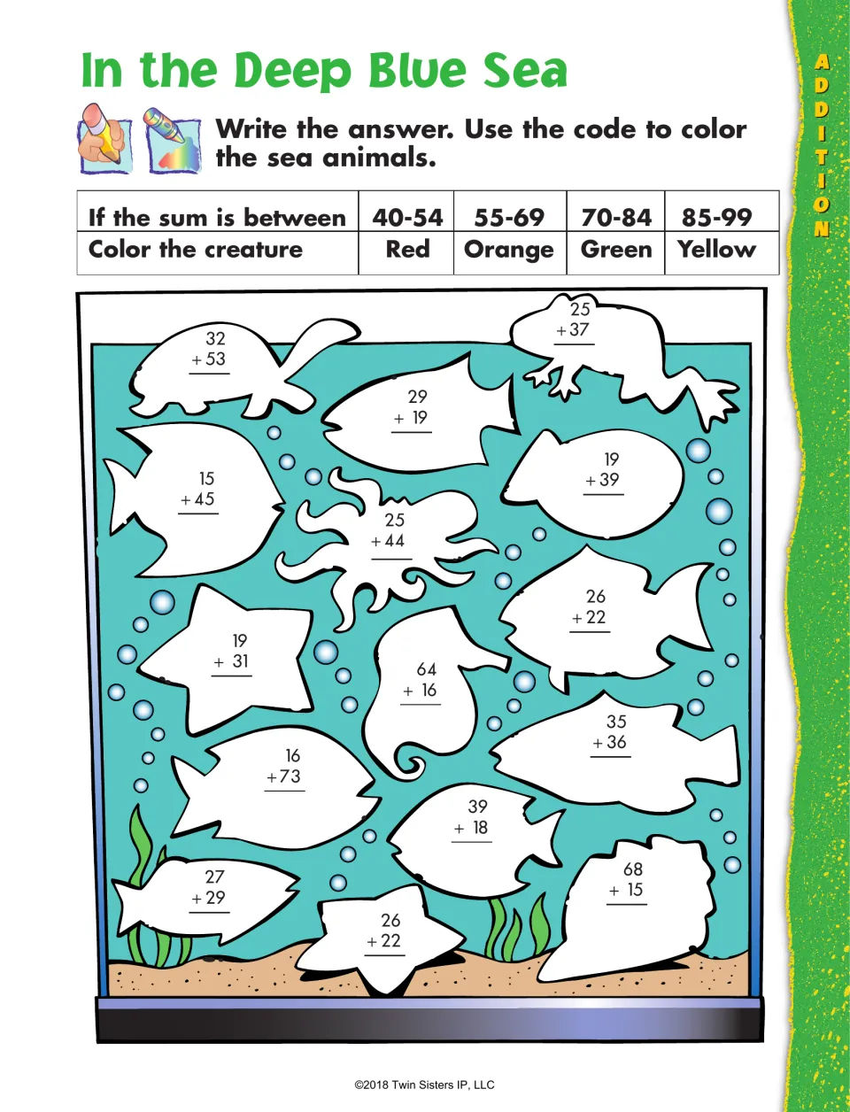 In the Deep Blue Sea: color by sum, students solve 2-digit additions on sea animals and color each by its sum range