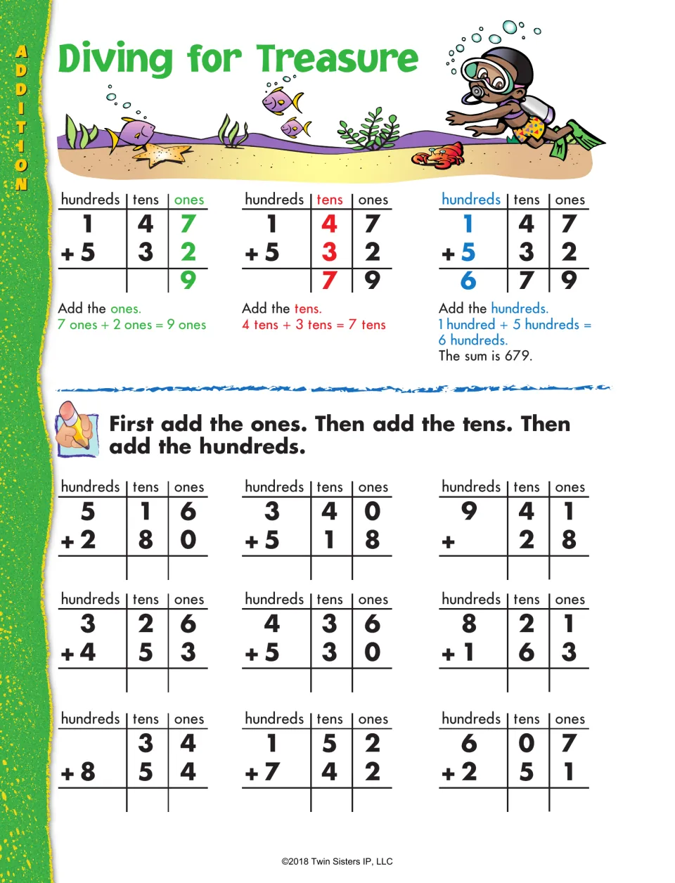 Diving for Treasure: 3-digit addition without regrouping, modeled with 147 + 532, then 9 problems to add by place value
