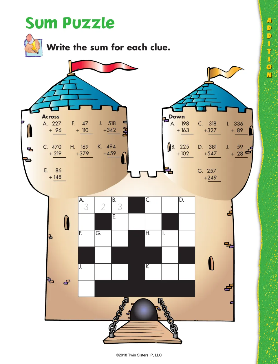 Sum Puzzle: students solve addition clues listed Across and Down and write each sum in a castle crossnumber puzzle