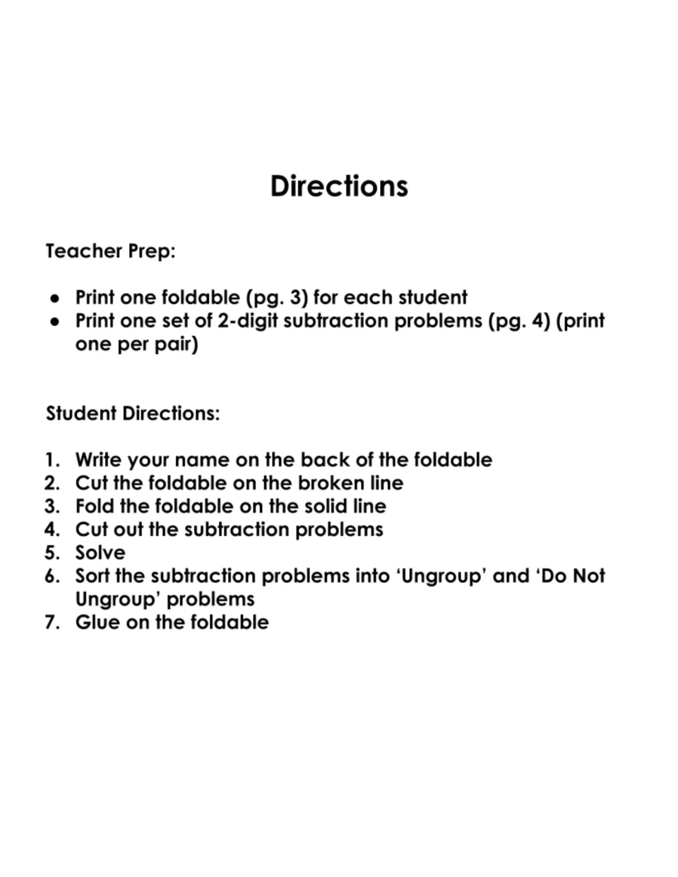 Directions: teacher prep notes and 7 student steps to cut, fold, solve and sort problems into Ungroup or Do Not Ungroup