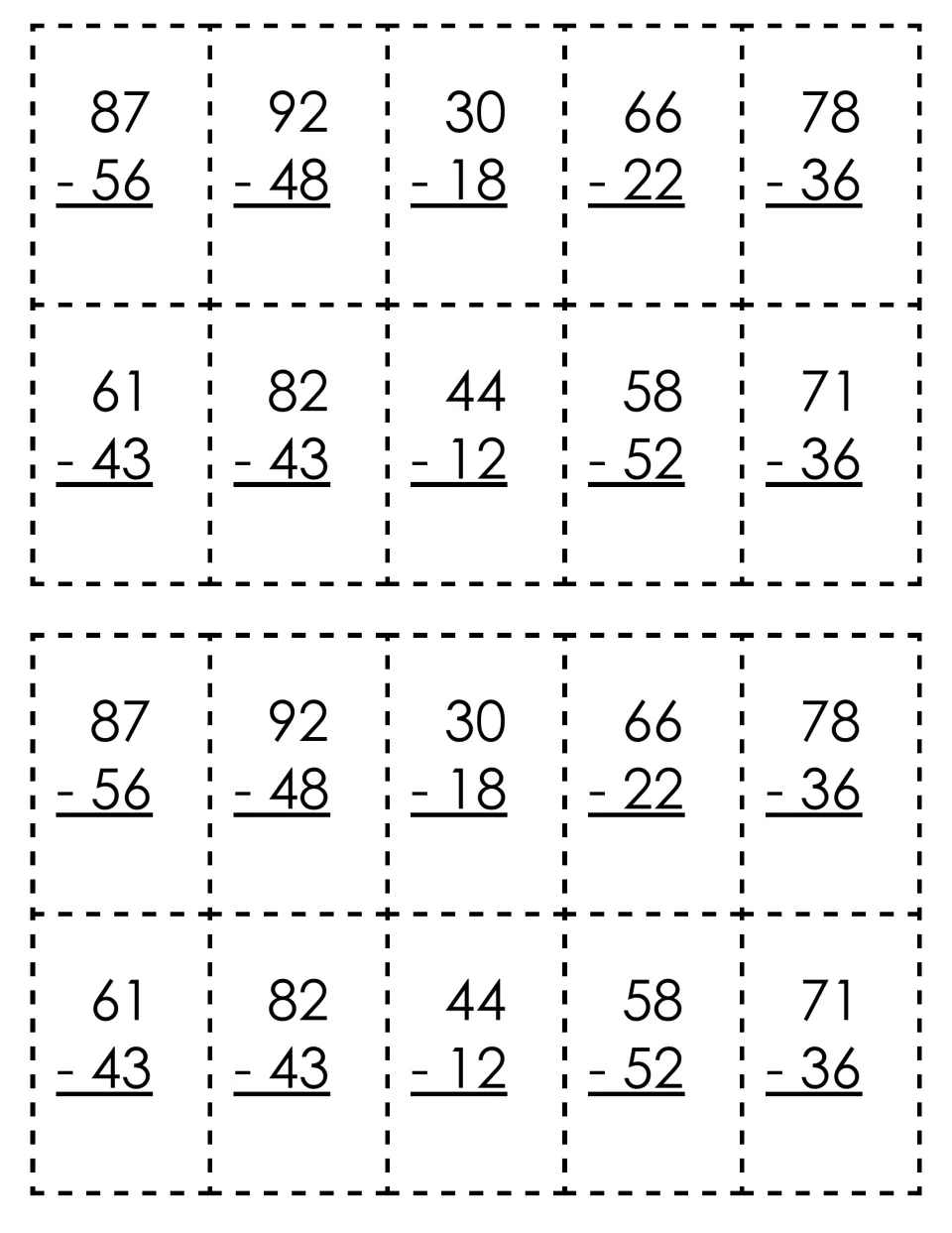 Two-digit subtraction cards: students cut out and solve 10 problems such as 87 - 56 and 30 - 18, printed twice per sheet