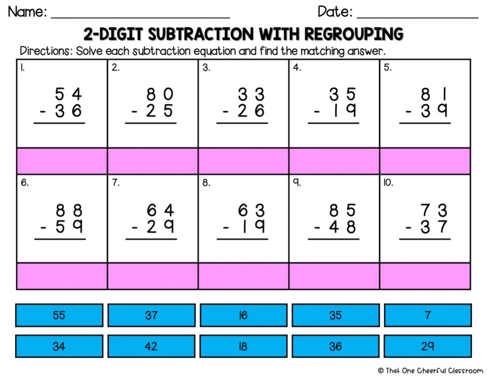 Color subtraction matching worksheet: 10 regrouping problems, including 54 − 36 and 80 − 25, with answer choices