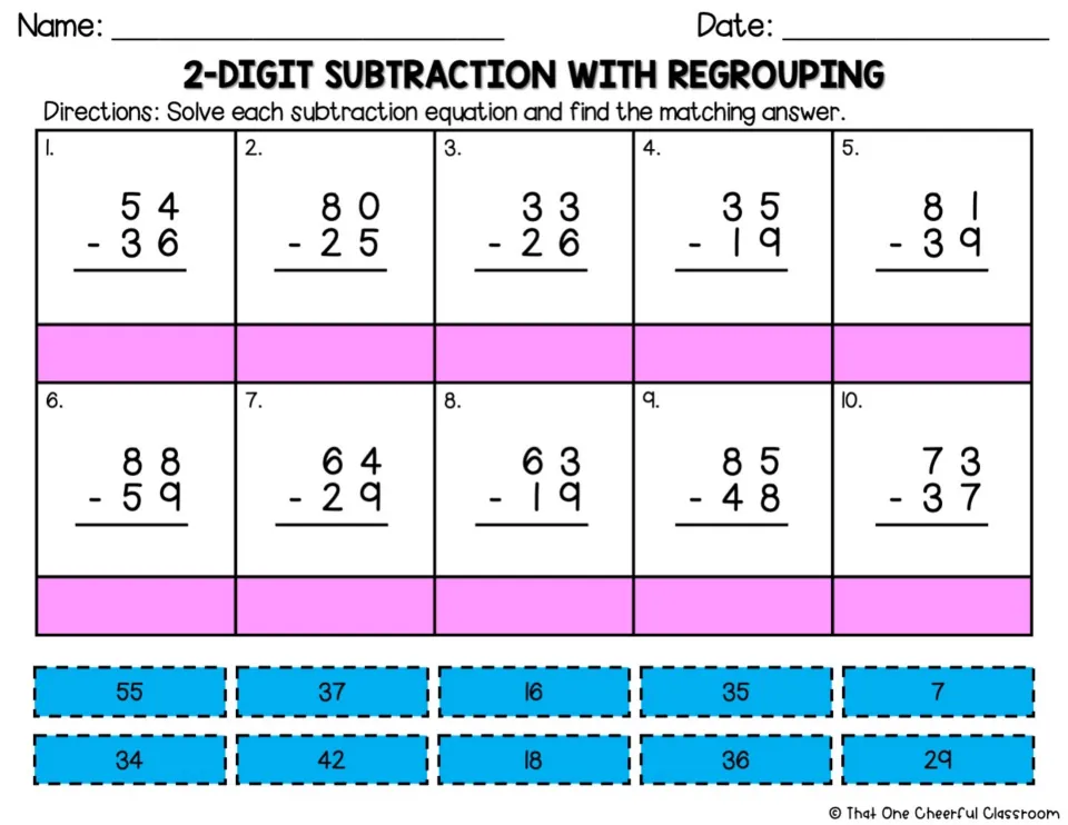 Color subtraction matching worksheet with cut-apart answers and 10 problems, including 33 − 26 and 35 − 19