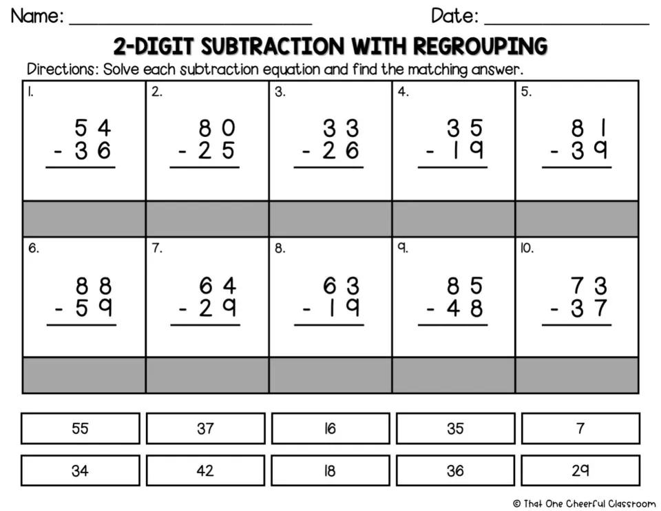Black-and-white subtraction matching worksheet: 10 regrouping problems, including 81 − 39, with answer choices