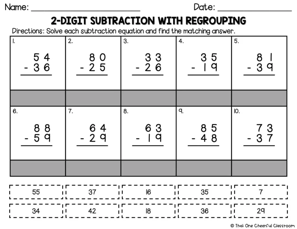 Black-and-white subtraction matching worksheet with cut-apart answers: 10 problems, including 88 − 59