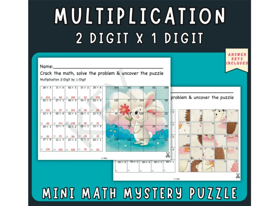 Cover: 2-digit by 1-digit multiplication mystery puzzles where solved products reveal a picture; answer keys included