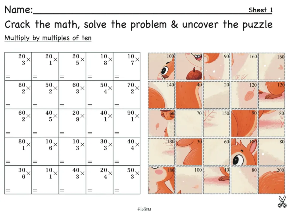 Sheet 1, multiplying multiples of ten: students solve 25 problems like 20 x 3 and match answers to squirrel puzzle pieces