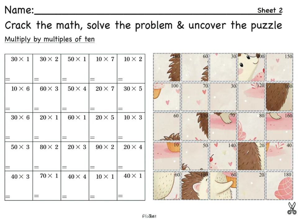 Sheet 2, multiplying multiples of ten: 25 problems such as 60 x 3 whose products match scrambled hedgehog puzzle pieces