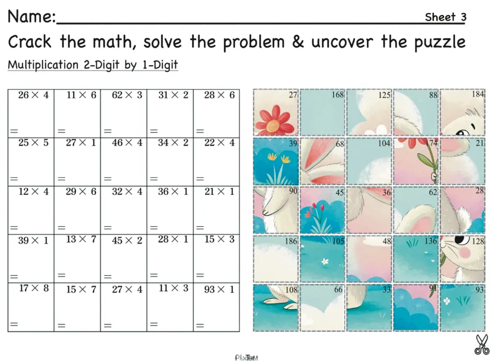 Sheet 3, 2-digit by 1-digit multiplication: students solve 26 x 4 and 24 more, then match products to bunny puzzle pieces