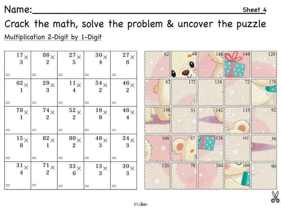 Sheet 4, 2-digit by 1-digit vertical multiplication: 25 problems like 86 x 2 whose answers match teddy bear puzzle pieces