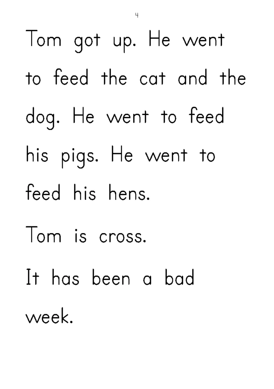 Story text: Tom feeds the cat, dog, pigs and hens, and he is cross after a bad week; children decode feed, been and week