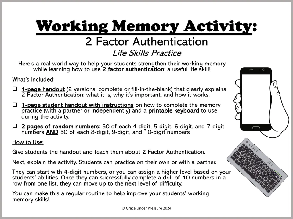 Working memory cover listing a 2FA handout, practice steps, a printable keyboard and 4- to 10-digit code lists