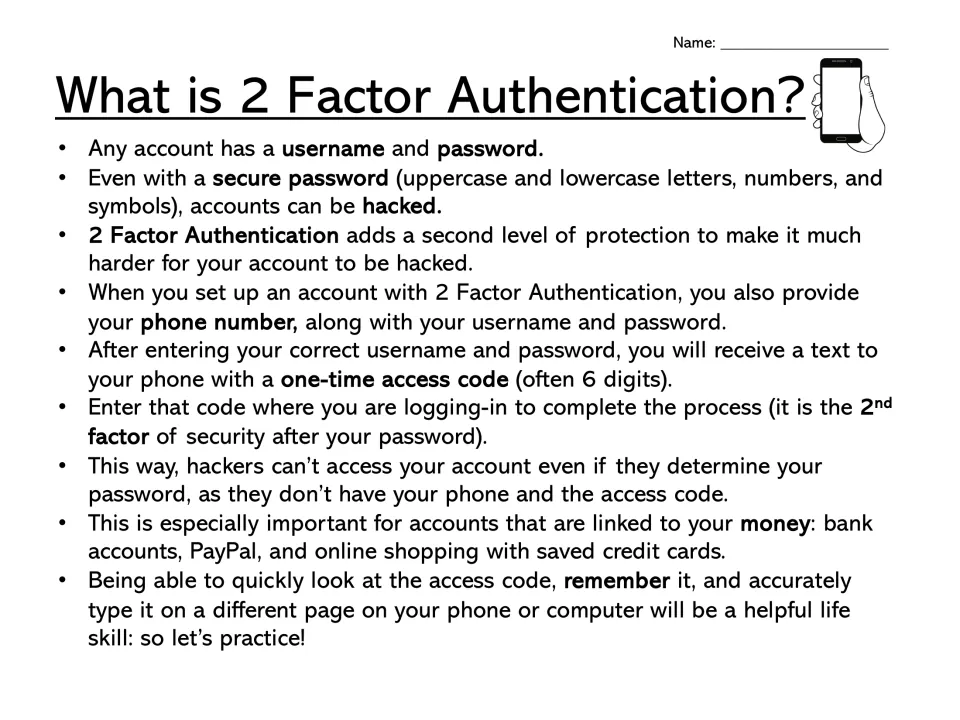 2-factor login security reading: students learn how a one-time code texted to a phone protects bank and shopping accounts