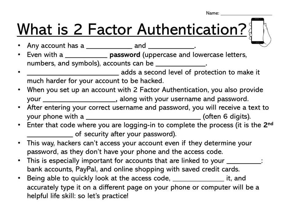 Fill-in-the-blank 2FA notes: students write missing terms like username, phone number and access code