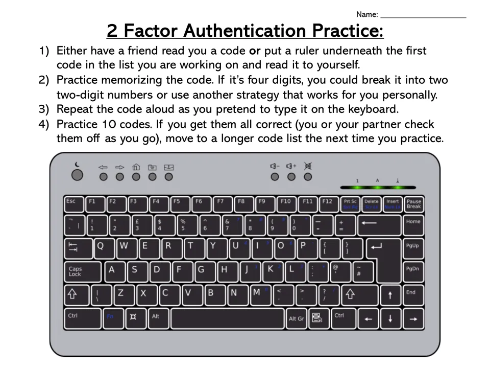 Access code memory practice: students read, chunk, say and pretend-type 10 codes on a printed keyboard