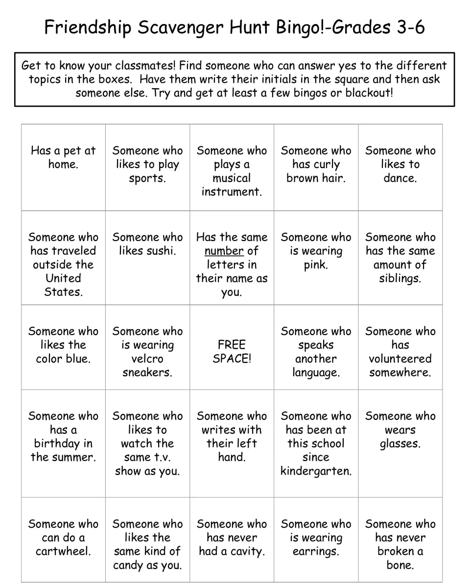 Grades 3–6 friendship bingo board: 24 classmate prompts about pets, sports, siblings, and more, plus a free space.