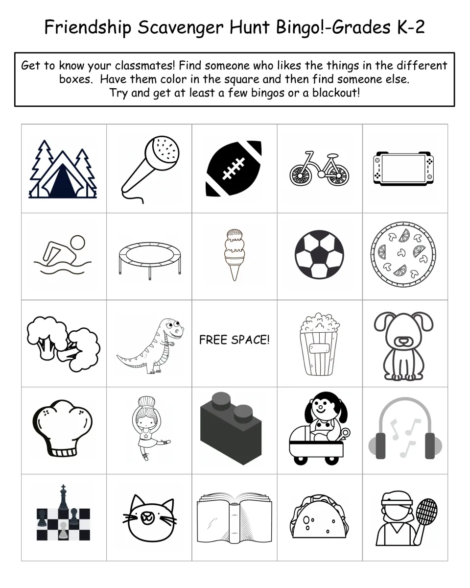 K–2 friendship bingo board: 24 pictures of interests, including camping, football, and pizza, plus a free space.