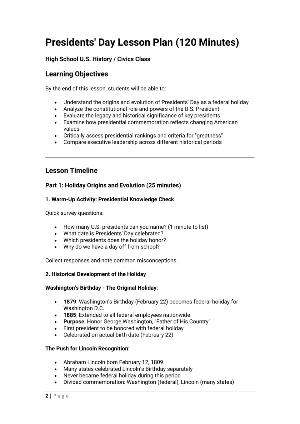 Lesson opening: learning objectives, presidential knowledge check, and origins of Washington’s Birthday