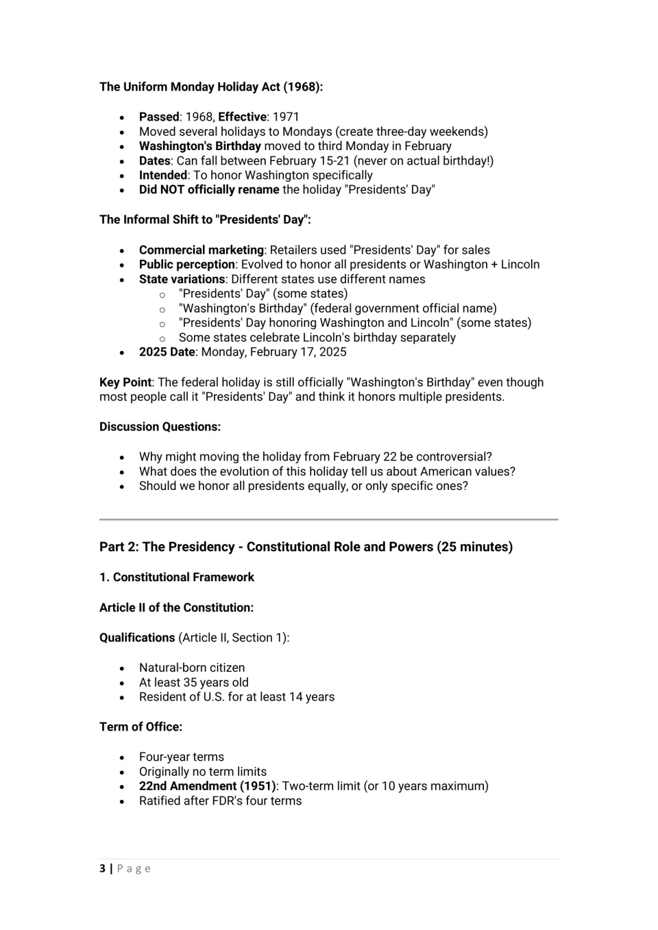 Lesson continuation: Monday holiday changes, Presidents’ Day naming, and presidential qualifications