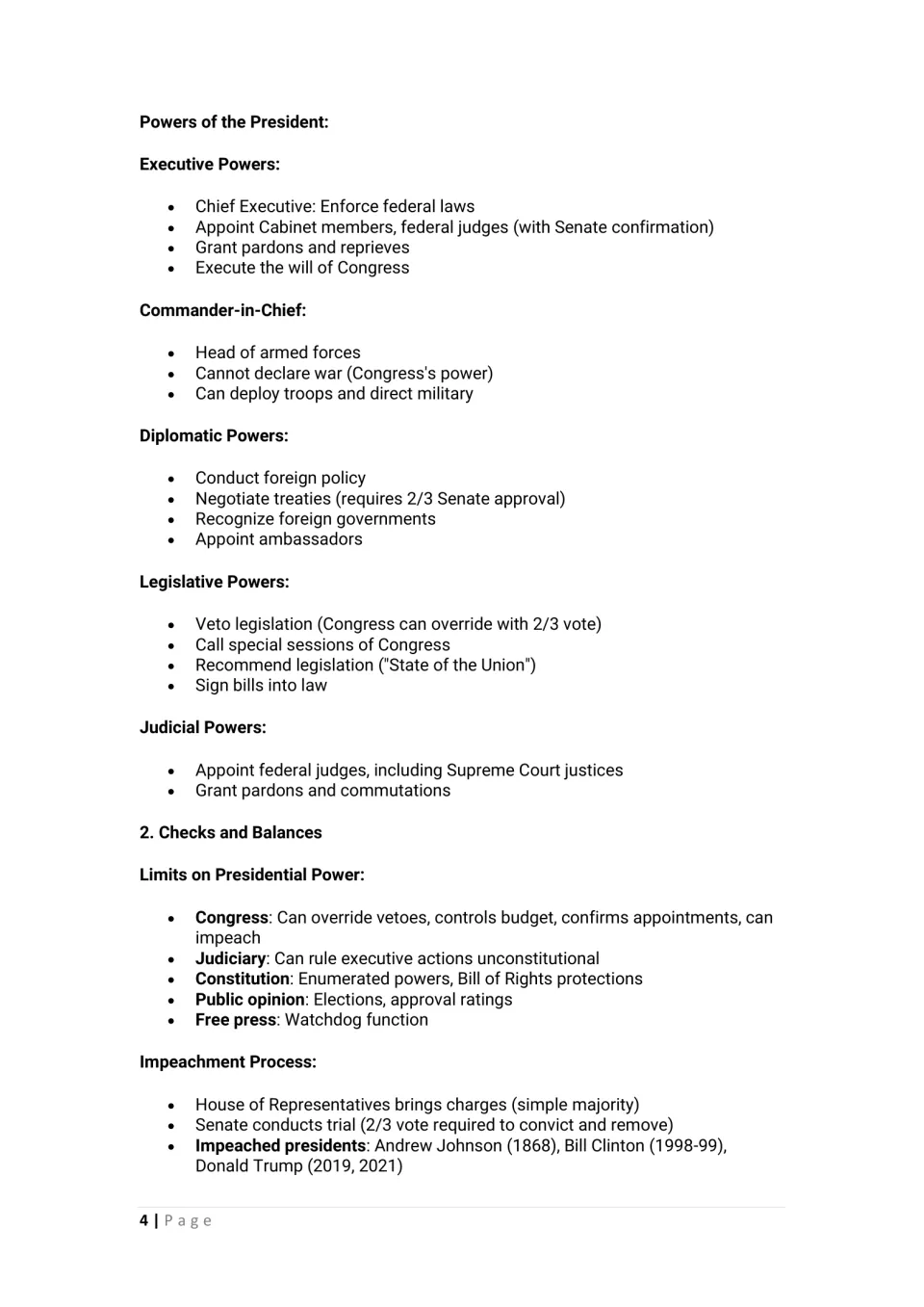 Part 2 lesson notes: presidential powers, checks and balances, and the House and Senate impeachment process