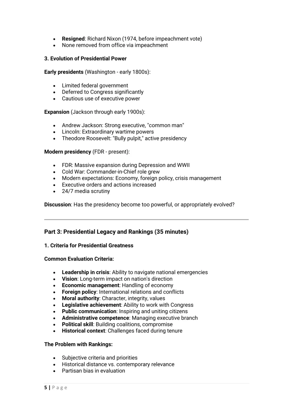 Lesson notes trace expanding presidential power and introduce criteria and problems in ranking presidents