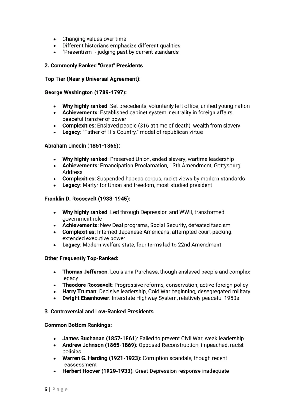 Part 3 lesson notes compare Washington, Lincoln, and FDR, then introduce other high- and low-ranked presidents