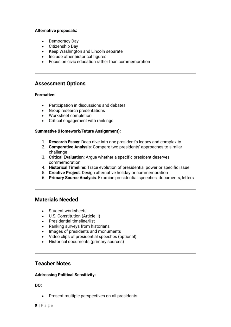 Lesson closing materials: alternative holidays, assessment options, supplies, and political sensitivity notes