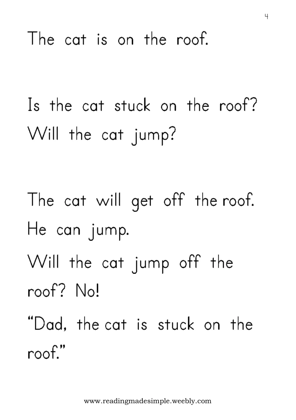 Story text: the cat is on the roof; students read questions about whether it is stuck and if it will jump, using oo words