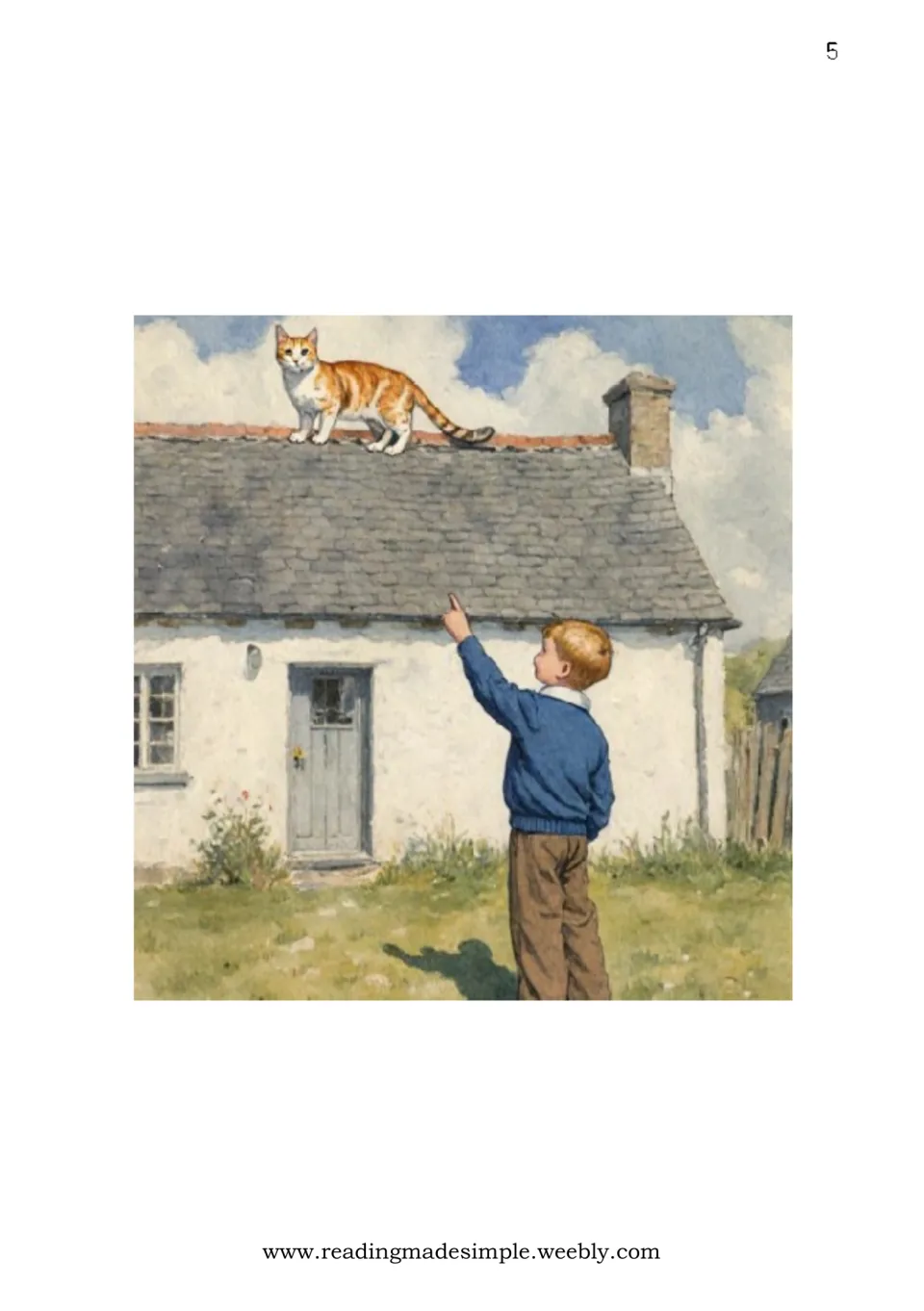 Story illustration: a boy in a blue jumper points up at a ginger cat standing on a cottage roof on a sunny day
