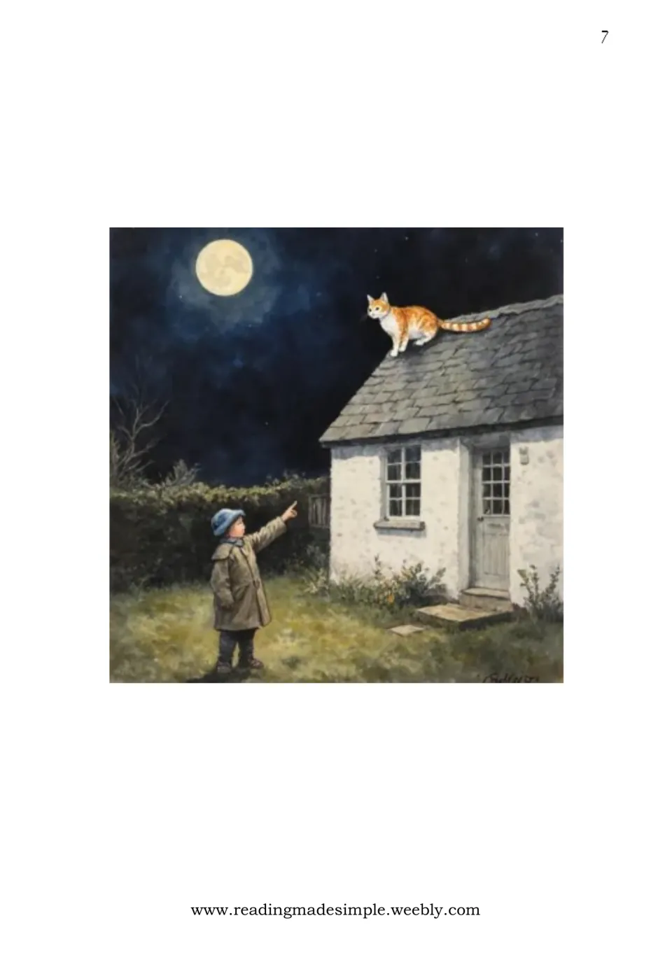 Night illustration: a boy in a coat and hat points at the ginger cat on the cottage roof under a full moon