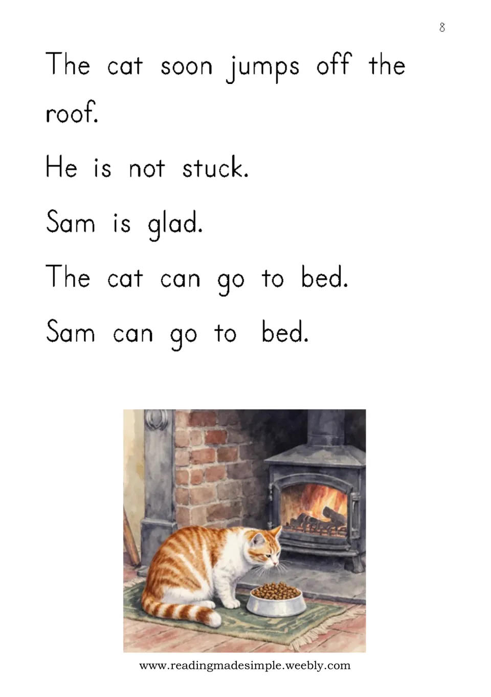 Story ending: the cat jumps off the roof and Sam is glad; picture of the ginger cat eating from a bowl by a wood stove
