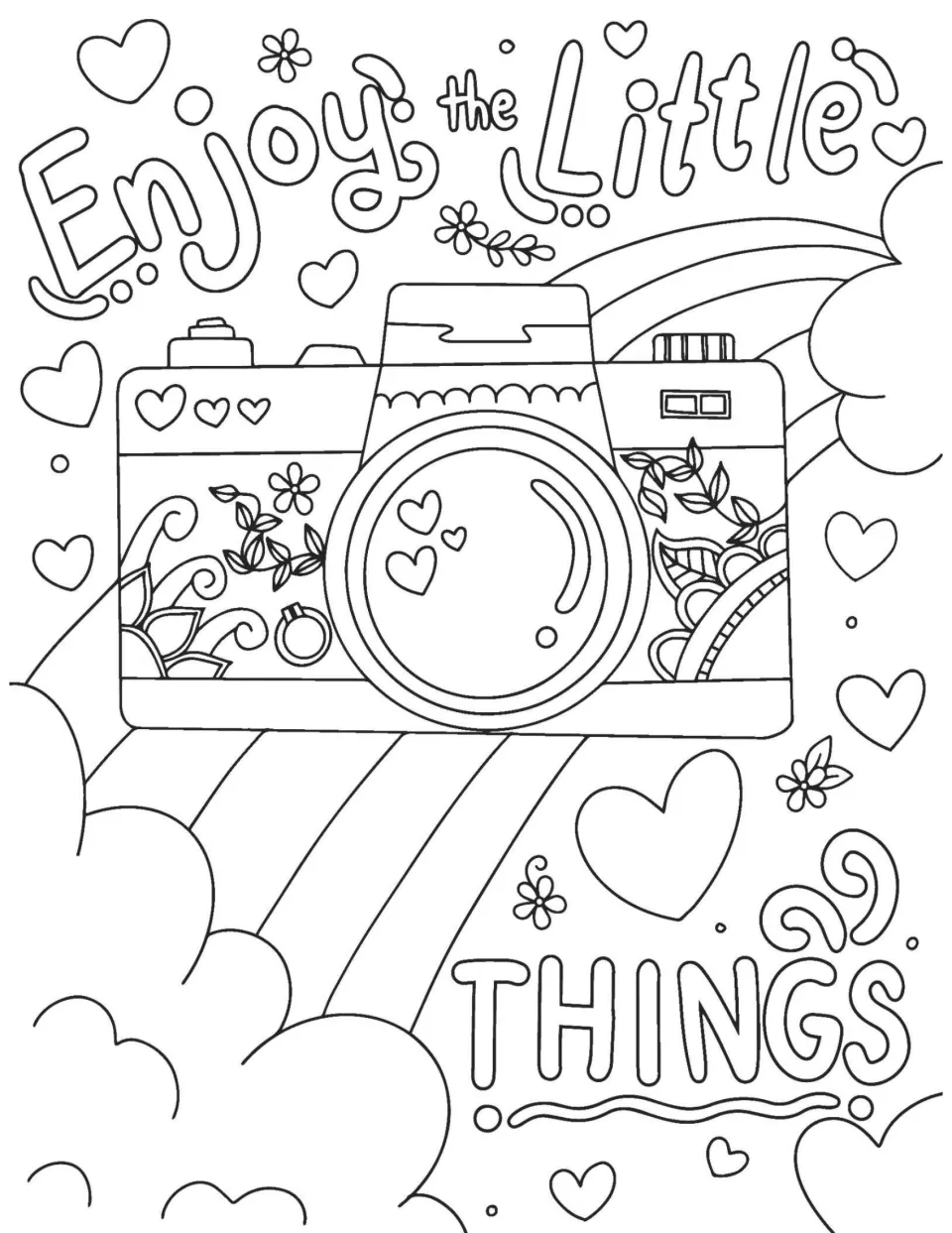 Enjoy the Little Things coloring page: students color the outlined lettering, camera, rainbow, hearts and flowers