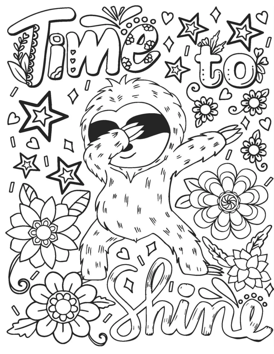 Time to Shine coloring page: students color the outlined dabbing sloth, lettering, stars and flowers