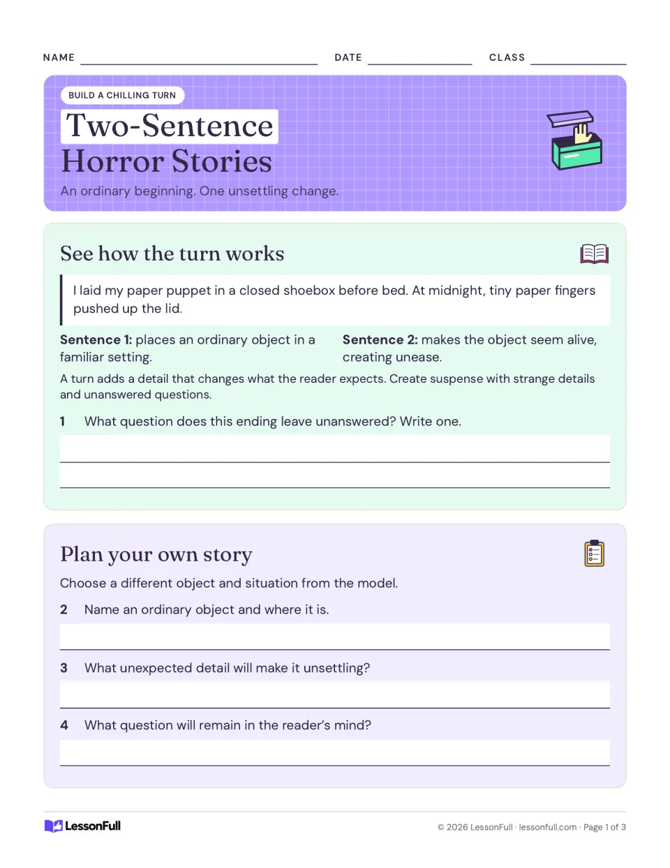 Two-sentence horror stories: a paper puppet model shows the turn; students plan an object, an eerie detail and a question.