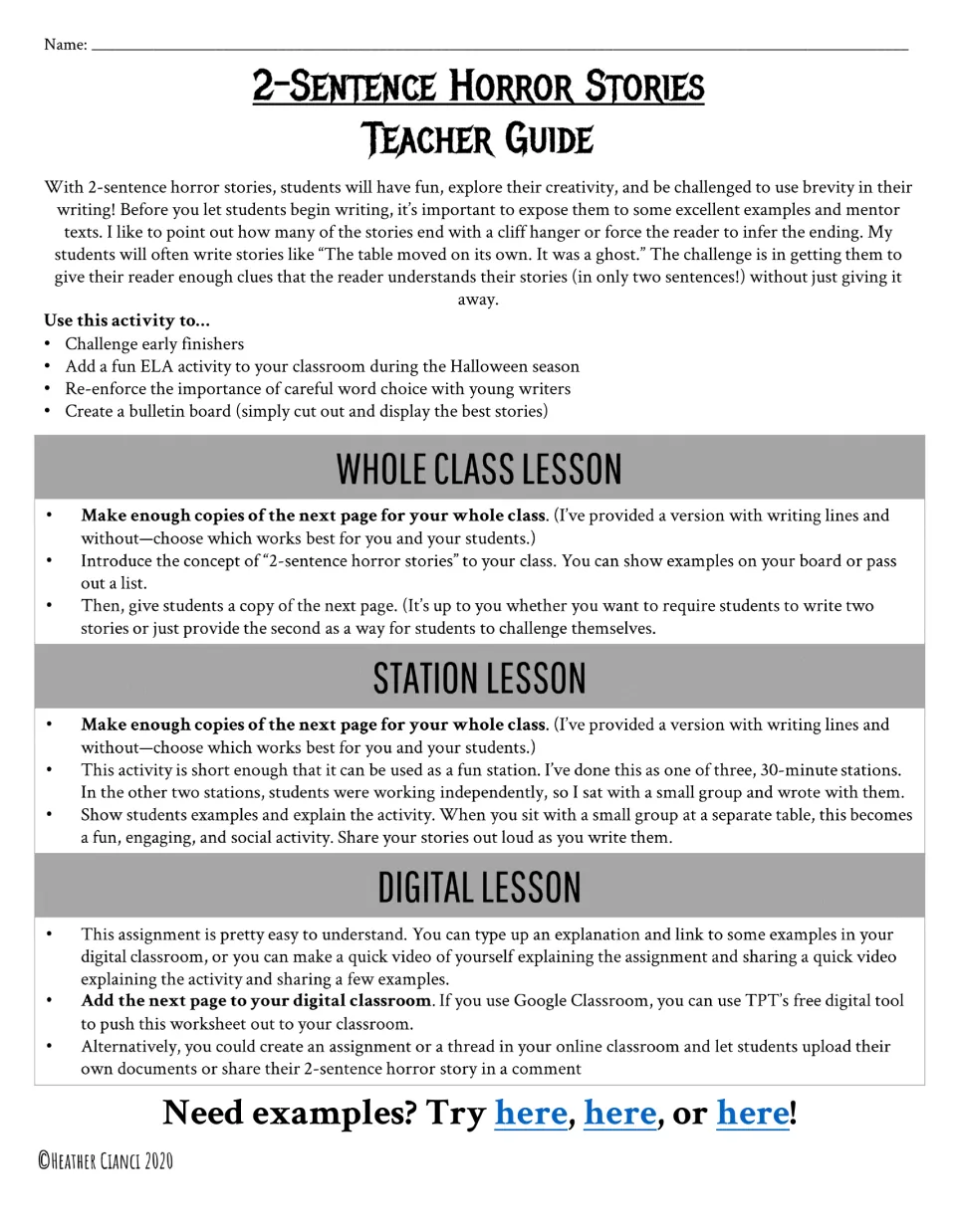 Horror story teacher guide: whole class, station and digital lesson steps for introducing two-sentence scary stories