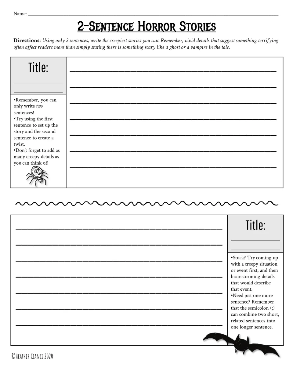 Two-sentence horror stories: students title and write two creepy tales, using a setup sentence then a twist ending
