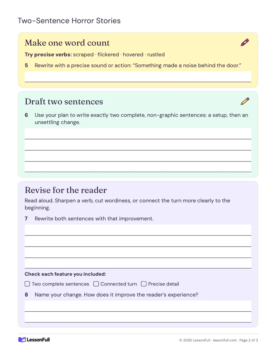 Students pick precise verbs like scraped or rustled, draft two non-graphic sentences, then revise and explain their change.