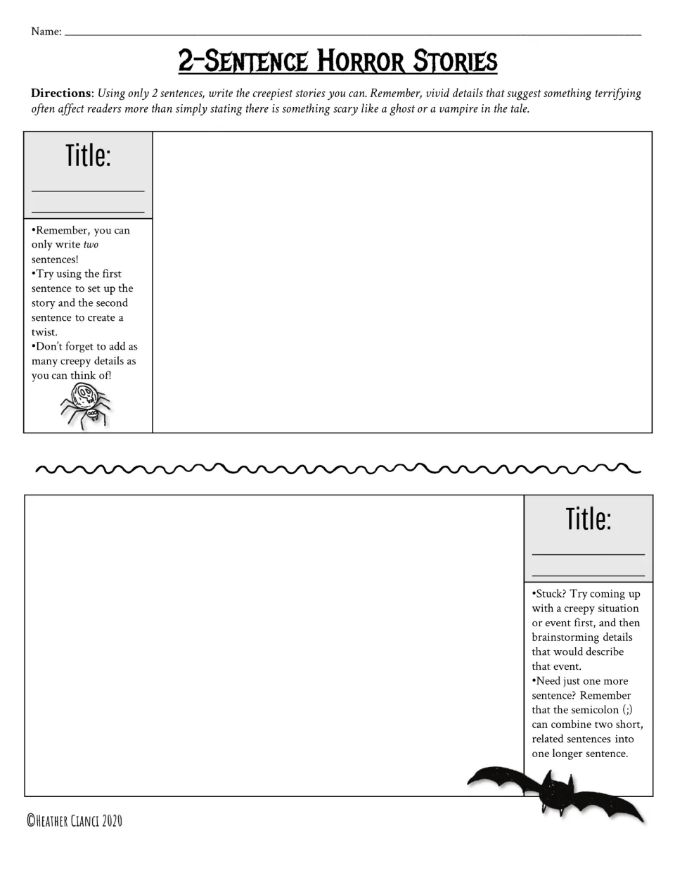 Unlined two-sentence scary story page: students draft two titled tales, with tips on creepy details and semicolons