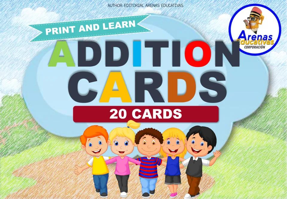 Print and Learn Addition Cards cover announcing 20 cards, with five smiling cartoon children walking arm in arm on a path