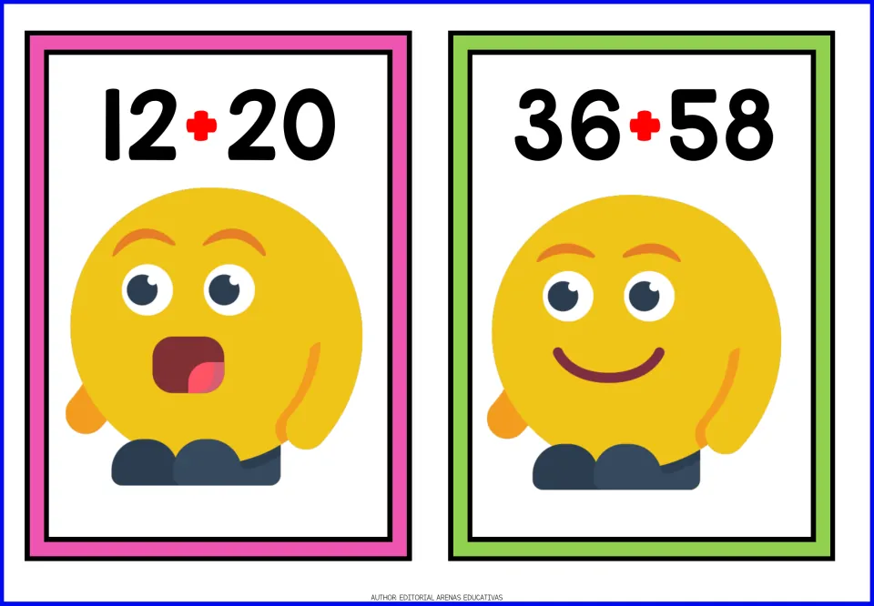 Two-digit addition cards 12 + 20 and 36 + 58: students find each sum; a surprised and a smiling emoji decorate them