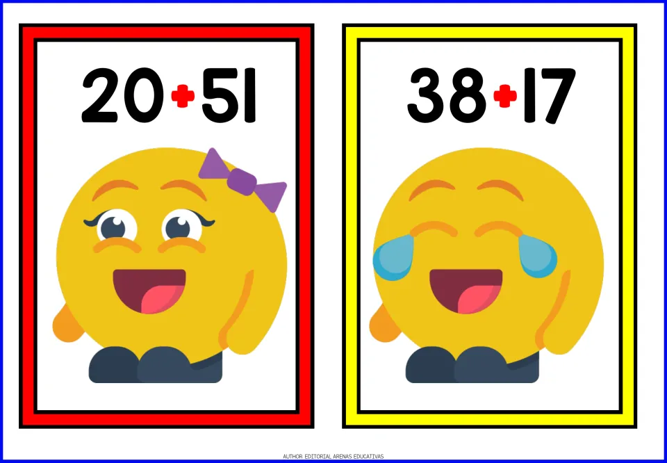 Addition cards 20 + 51 and 38 + 17 for adding two-digit numbers, shown with a bow-wearing emoji and a tears-of-joy emoji