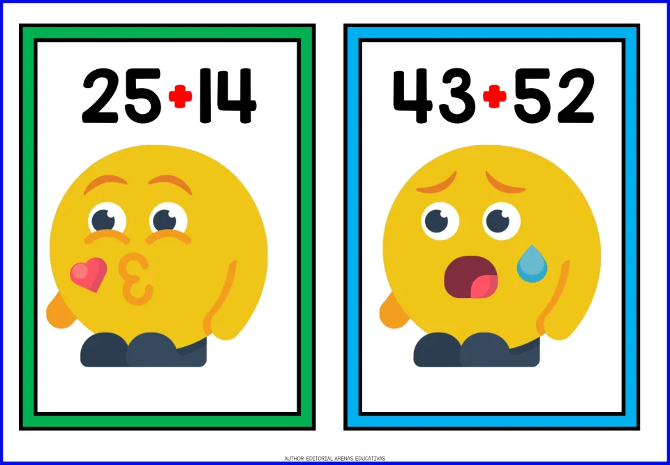 Two-digit sums 25 + 14 and 43 + 52 on flashcards for students to solve, beside a kissing emoji and a sweating emoji