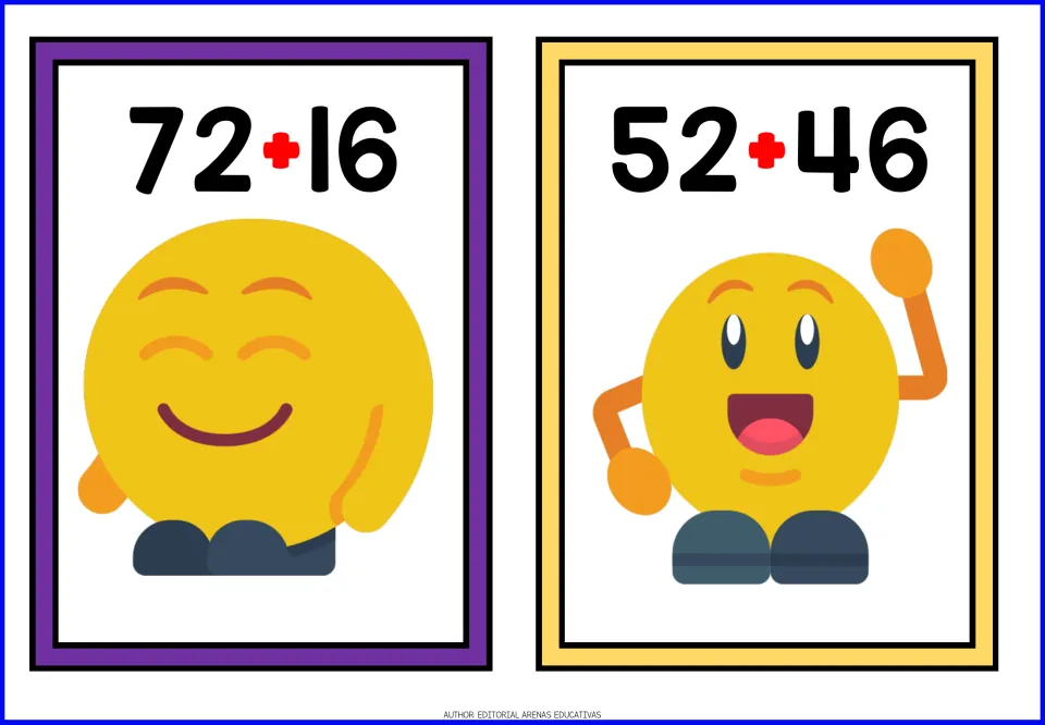 Flashcards 72 + 16 and 52 + 46 ask students to add two 2-digit numbers; a smiling emoji and a waving emoji appear below