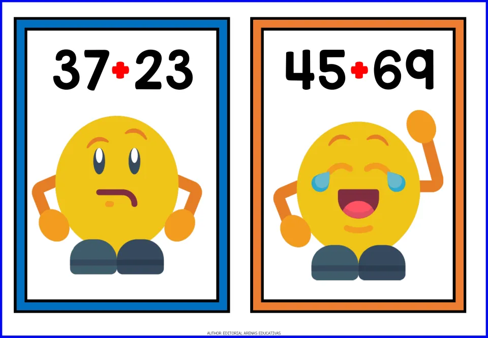Two-digit addition with regrouping on cards 37 + 23 and 45 + 69, beside a puzzled emoji and a joyful emoji raising an arm
