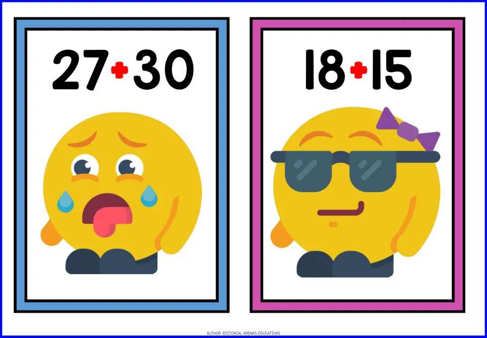 Adding 2-digit numbers on cards 27 + 30 and 18 + 15, with emoji characters: one crying with tongue out, one in sunglasses