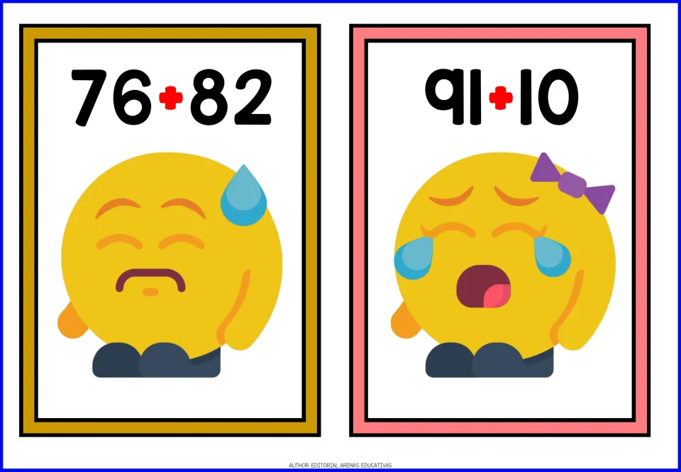 Addition flashcards 76 + 82 and 91 + 10 with sums over 100 to solve, paired with a sweating emoji and a sobbing one