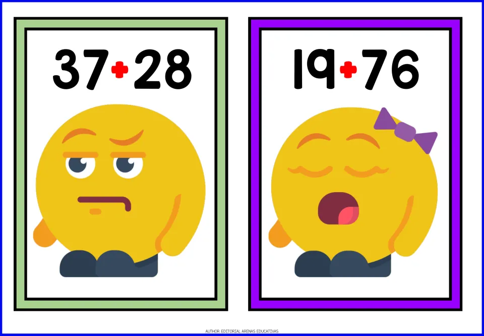 Cards for adding 37 + 28 and 19 + 76, two-digit problems that need regrouping, with a skeptical emoji and a yawning emoji
