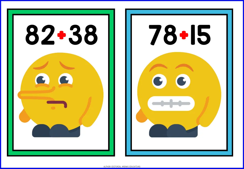 Two-digit addition problems 82 + 38 and 78 + 15 on picture cards to solve, with a long-nosed emoji and a grimacing emoji