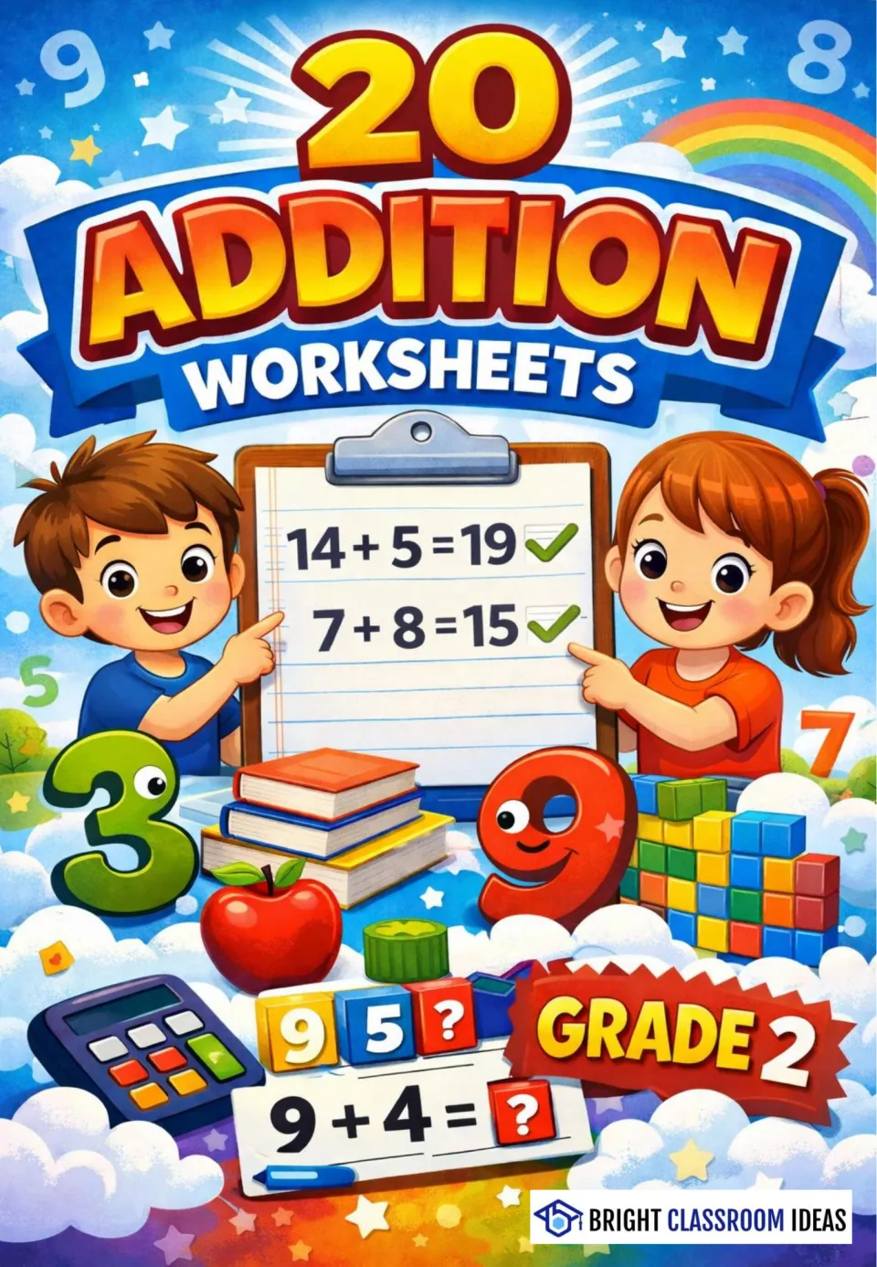 Cover of 20 Addition Worksheets, Grade 2: cartoon children point to 14 + 5 = 19 and 7 + 8 = 15 above a 9 + 4 = ? card